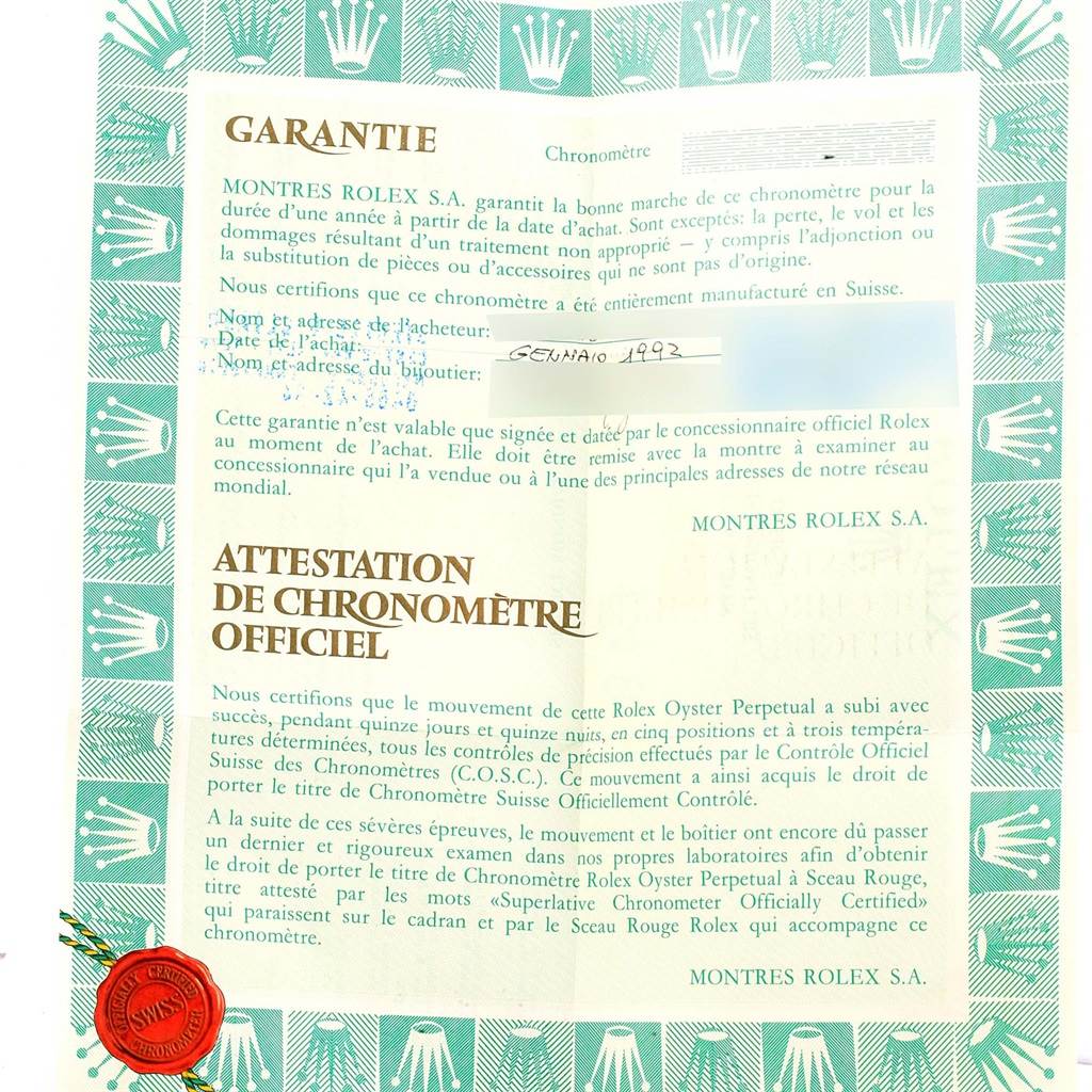 The image shows the warranty certificate and official chronometer certification for a Rolex President 15238 Men
s Yellow Gold White Dial 15238 Men
s Yellow Gold White Dial model watch.