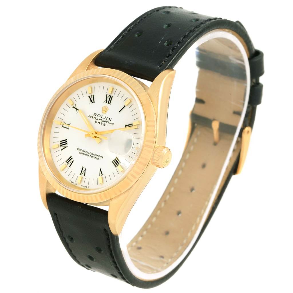 The image shows a Rolex President 15238 Men
s Yellow Gold White Dial 15238 Men
s Yellow Gold White Dial model watch at an angle highlighting the dial, bezel, crown, and leather strap.