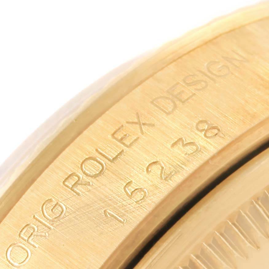 The image shows a close-up of the side engraving on a Rolex President 15238 Men
s Yellow Gold White Dial 15238 Men
s Yellow Gold White Dial model watch.