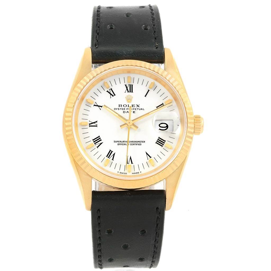 This image shows a front view of a Rolex President 15238 Men
s Yellow Gold White Dial 15238 Men
s Yellow Gold White Dial model, displaying the watch face, bezel, crown, and leather strap.