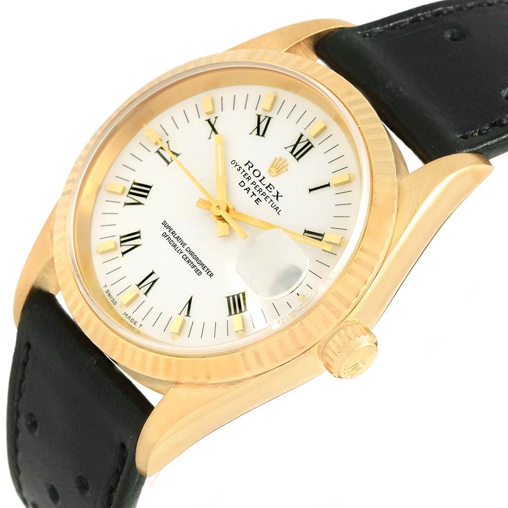 The image shows a Rolex President 15238 Men
s Yellow Gold White Dial 15238 Men
s Yellow Gold White Dial model watch at an angled view, highlighting the face, crown, and part of the strap.
