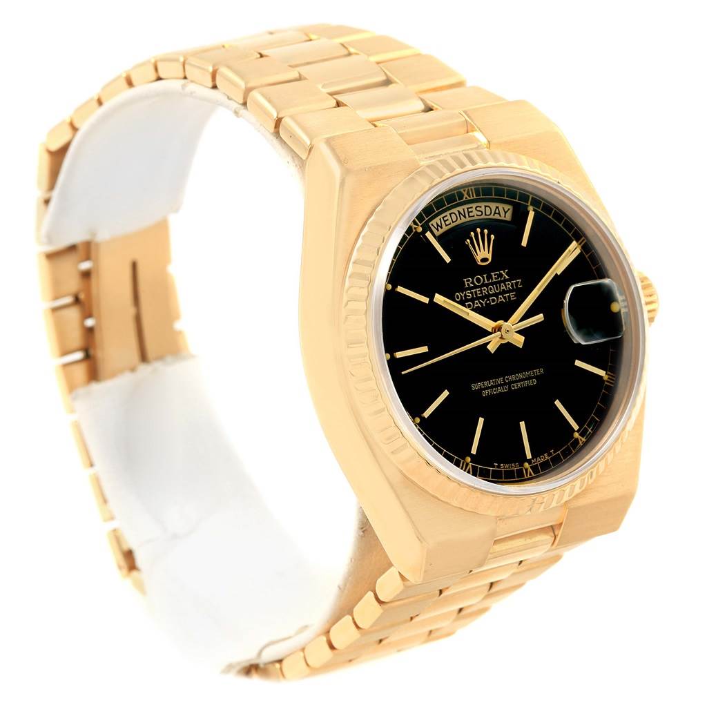 The Rolex President 19018 Men
s Yellow Gold Black Dial 19018 Men
s Yellow Gold Black Dial model watch is shown at a three-quarter angle, highlighting the dial, bezel, bracelet, and day-date display.