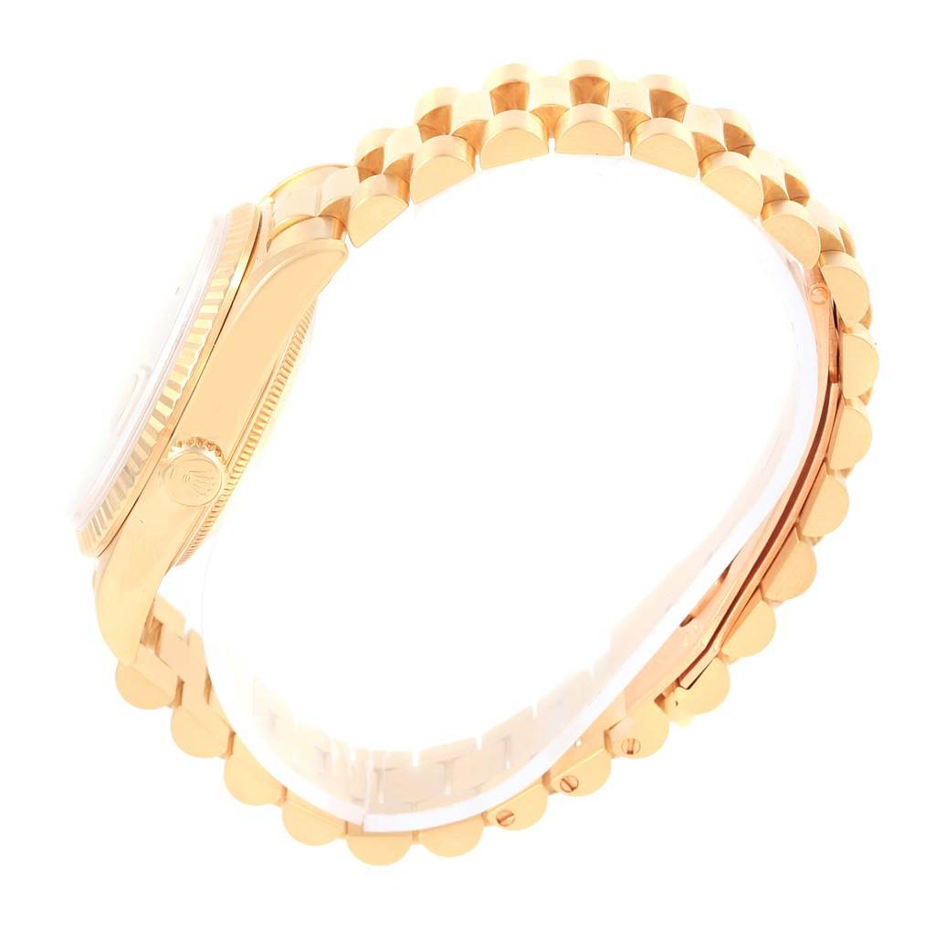 The image shows a side view of a Rolex President 18238 Men's Yellow Gold Champagne Dial 18238 Men's Yellow Gold Champagne Dial model watch, highlighting the case, bezel, and bracelet.