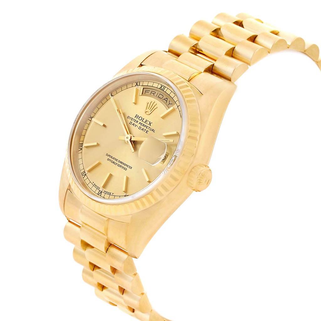 The image shows a Rolex President 18238 Men's Yellow Gold Champagne Dial 18238 Men's Yellow Gold Champagne Dial model watch at an angled side view, highlighting its gold bracelet, dial, and fluted bezel.