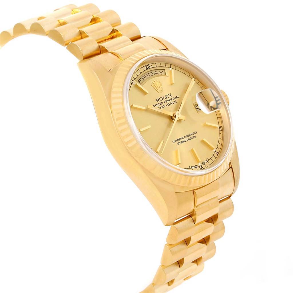 The image shows a side angle of the Rolex President 18238 Men's Yellow Gold Champagne Dial 18238 Men's Yellow Gold Champagne Dial model watch, highlighting its gold bracelet, dial, and day-date feature.