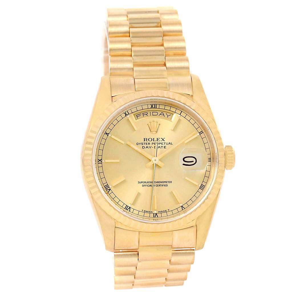 The image shows a frontal view of a Rolex President 18238 Men's Yellow Gold Champagne Dial 18238 Men's Yellow Gold Champagne Dial model watch, displaying the dial, bezel, crown, and bracelet.