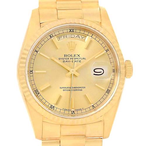 Photo of Rolex President Day-Date Yellow Gold Champagne Baton Dial Mens Watch 18238