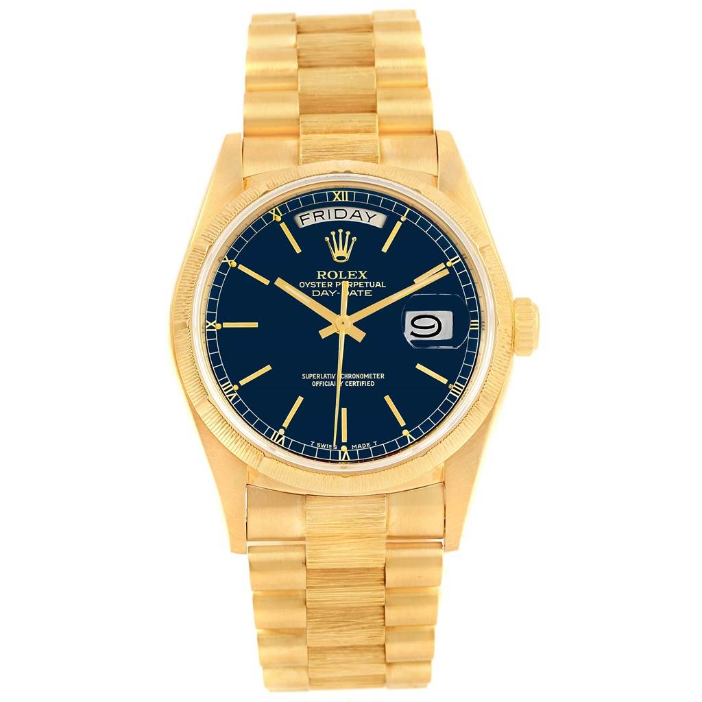The image shows a front view of a Rolex President 18078 Men
s Yellow Gold Blue Dial 18078 Men
s Yellow Gold Blue Dial model watch, displaying the dial, hands, crown, and bracelet.