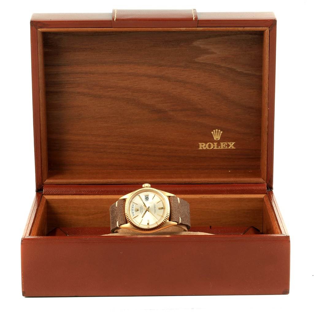 The image shows a Rolex President 1803 Men's Yellow Gold Silver Dial 1803 Men's Yellow Gold Silver Dial model watch placed inside an open wooden Rolex-branded box, viewed from the front.