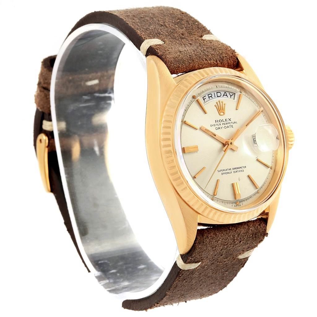 The image shows a Rolex President 1803 Men's Yellow Gold Silver Dial 1803 Men's Yellow Gold Silver Dial model watch at a slight angle, highlighting the dial, bezel, and brown leather strap.