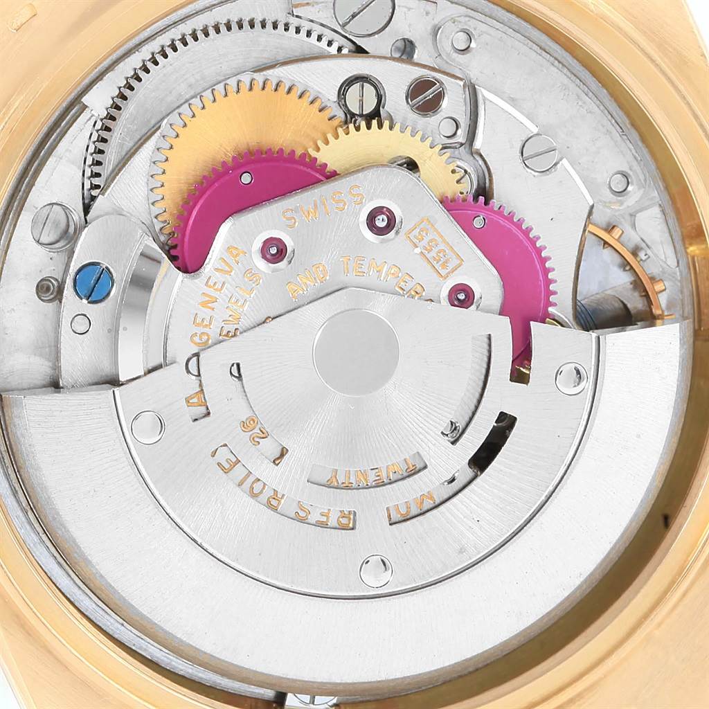 This image shows a close-up view of the movement components inside a Rolex President 1803 Men's Yellow Gold Silver Dial 1803 Men's Yellow Gold Silver Dial model watch.