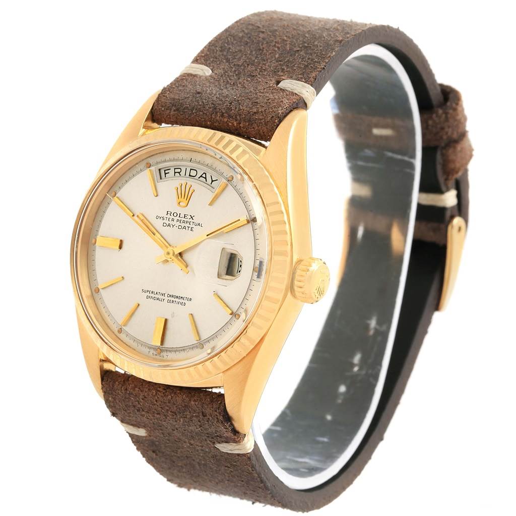 The image shows a Rolex President 1803 Men's Yellow Gold Silver Dial 1803 Men's Yellow Gold Silver Dial watch from a front angle, highlighting its face, bezel, crown, and leather strap.