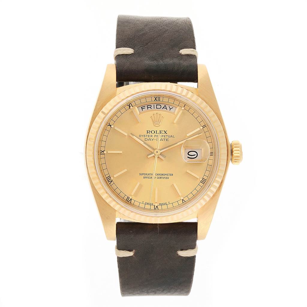 The image shows a Rolex President 18038 Men
s Yellow Gold Champagne Dial 18038 Men
s Yellow Gold Champagne Dial model watch from a front view, featuring the dial, bezel, crown, and strap.