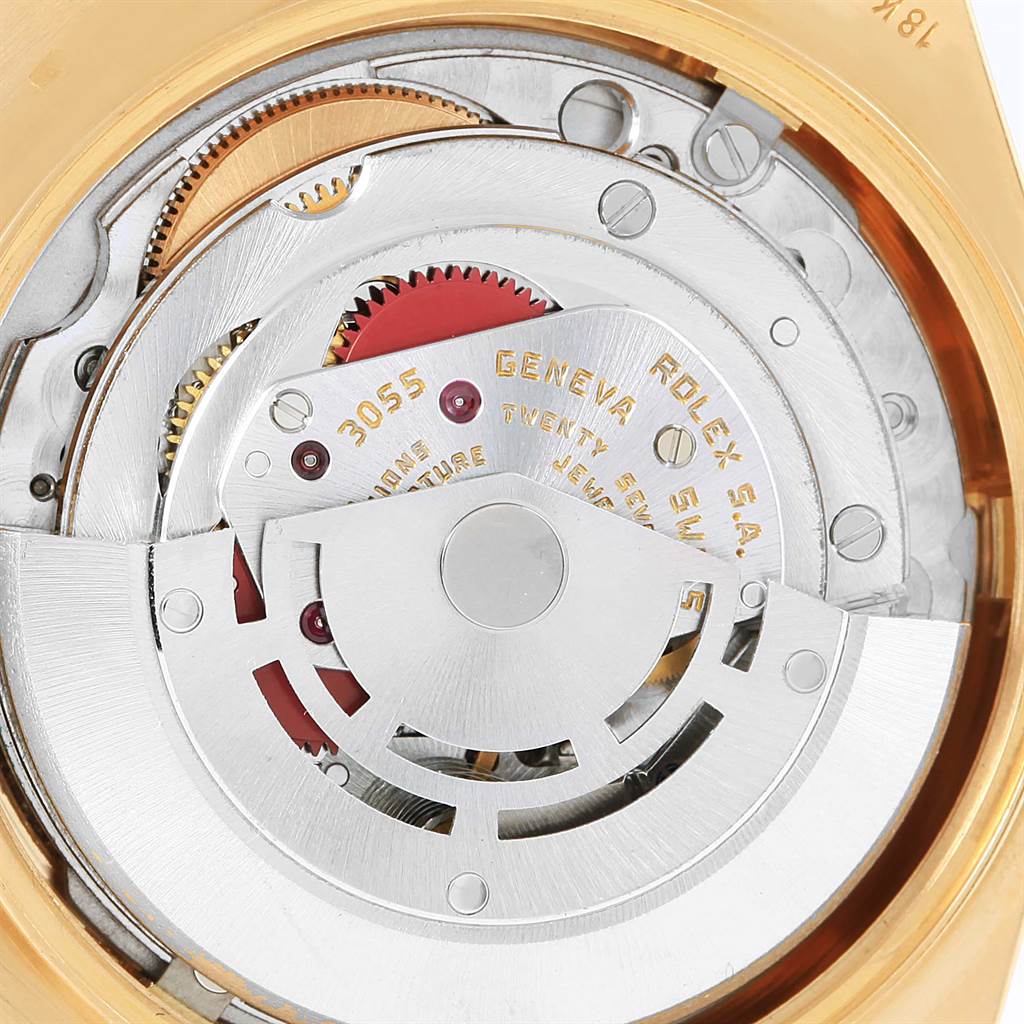 The image shows the detailed internal mechanism of the Rolex President 18038 Men
s Yellow Gold Champagne Dial 18038 Men
s Yellow Gold Champagne Dial model watch, viewed from the back.