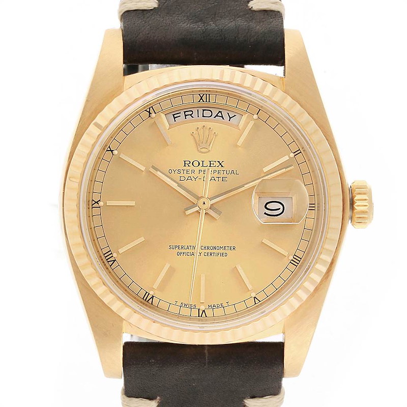 Rolex President Day-Date Yellow Gold Brown Strap Mens Watch 18038 SwissWatchExpo