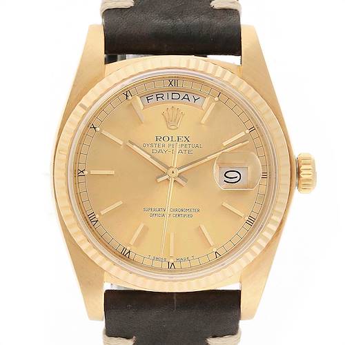 Photo of Rolex President Day-Date Yellow Gold Brown Strap Mens Watch 18038
