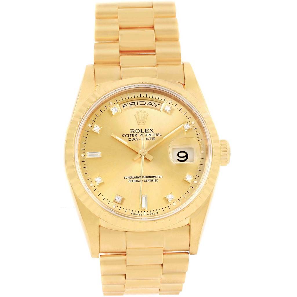 The Rolex President 18238 Men's Yellow Gold Champagne Dial 18238 Men's Yellow Gold Champagne Dial model watch is shown from a front angle, displaying its dial, day-date window, bezel, and bracelet.
