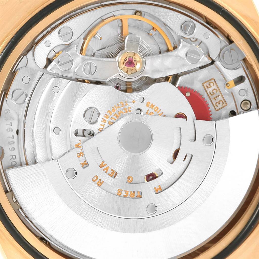 This image shows a close-up view of the internal mechanism of a Rolex President 18238 Men's Yellow Gold Champagne Dial 18238 Men's Yellow Gold Champagne Dial model watch.