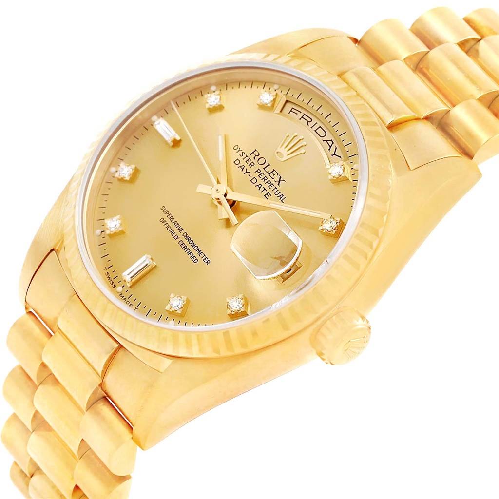 The image shows a Rolex President 18238 Men's Yellow Gold Champagne Dial 18238 Men's Yellow Gold Champagne Dial model watch, displaying the face, dial, crown, and part of the bracelet at an angled view.