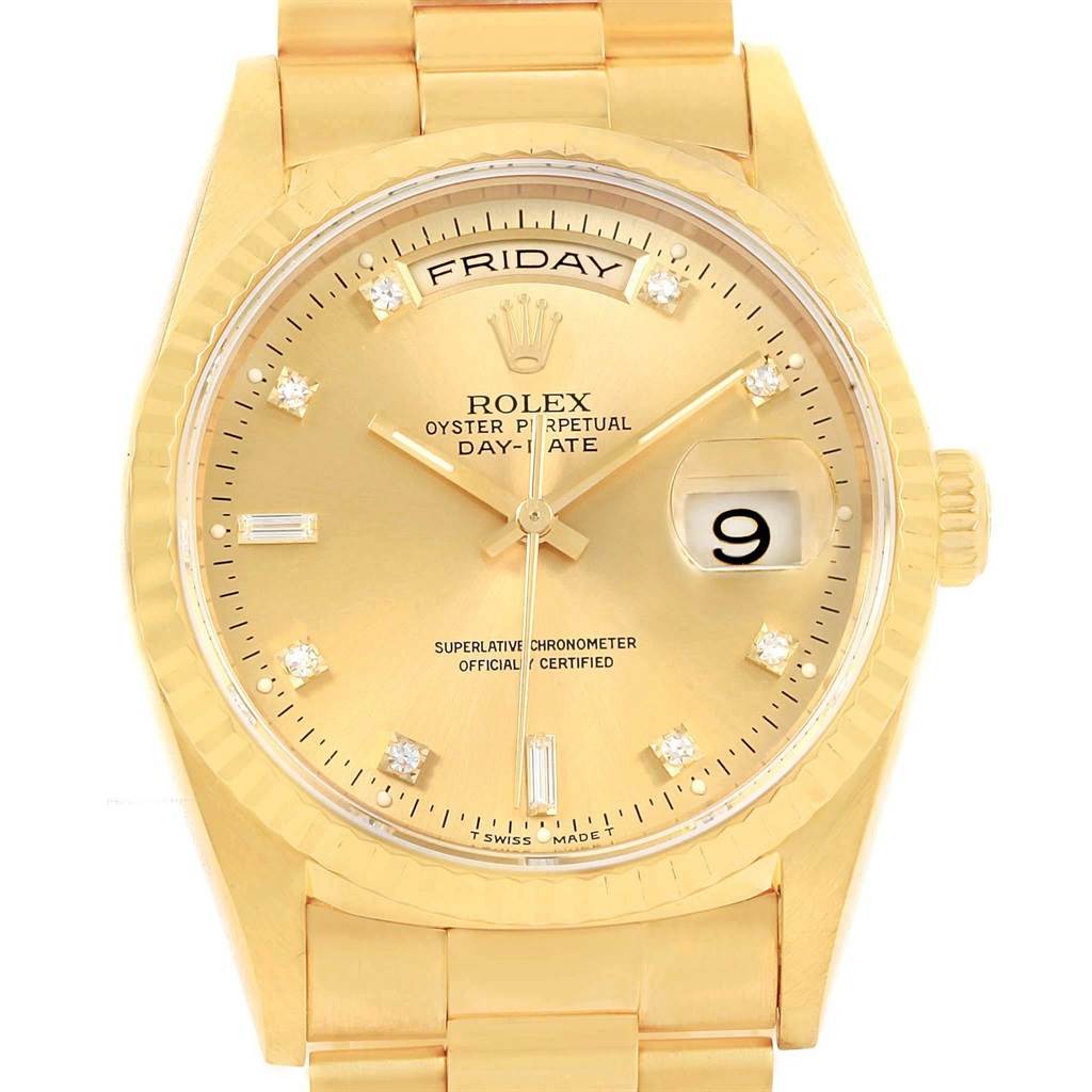 The image shows a front view of a Rolex President 18238 Men's Yellow Gold Champagne Dial 18238 Men's Yellow Gold Champagne Dial model watch, displaying its golden dial, day-date complications, and bracelet.