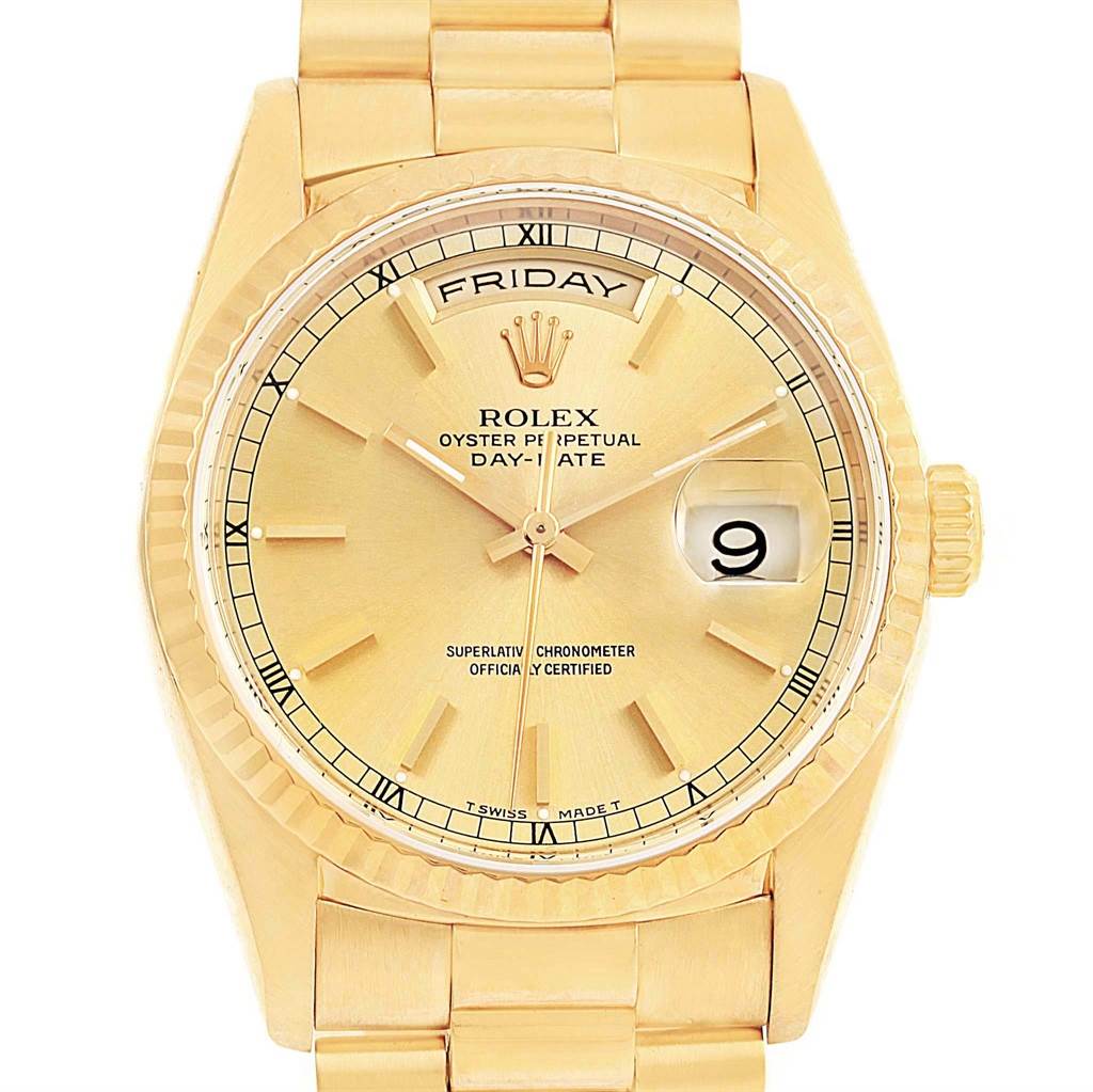 This image shows a front view of a Rolex President 18238 Men
s Yellow Gold Champagne Dial 18238 Men
s Yellow Gold Champagne Dial model watch, highlighting its face, dial, and parts of the bracelet.