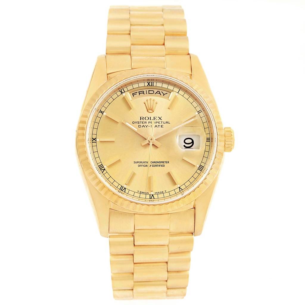 The image shows a frontal view of a Rolex President 18238 Men
s Yellow Gold Champagne Dial 18238 Men
s Yellow Gold Champagne Dial model watch, displaying the dial, bracelet, and fluted bezel.