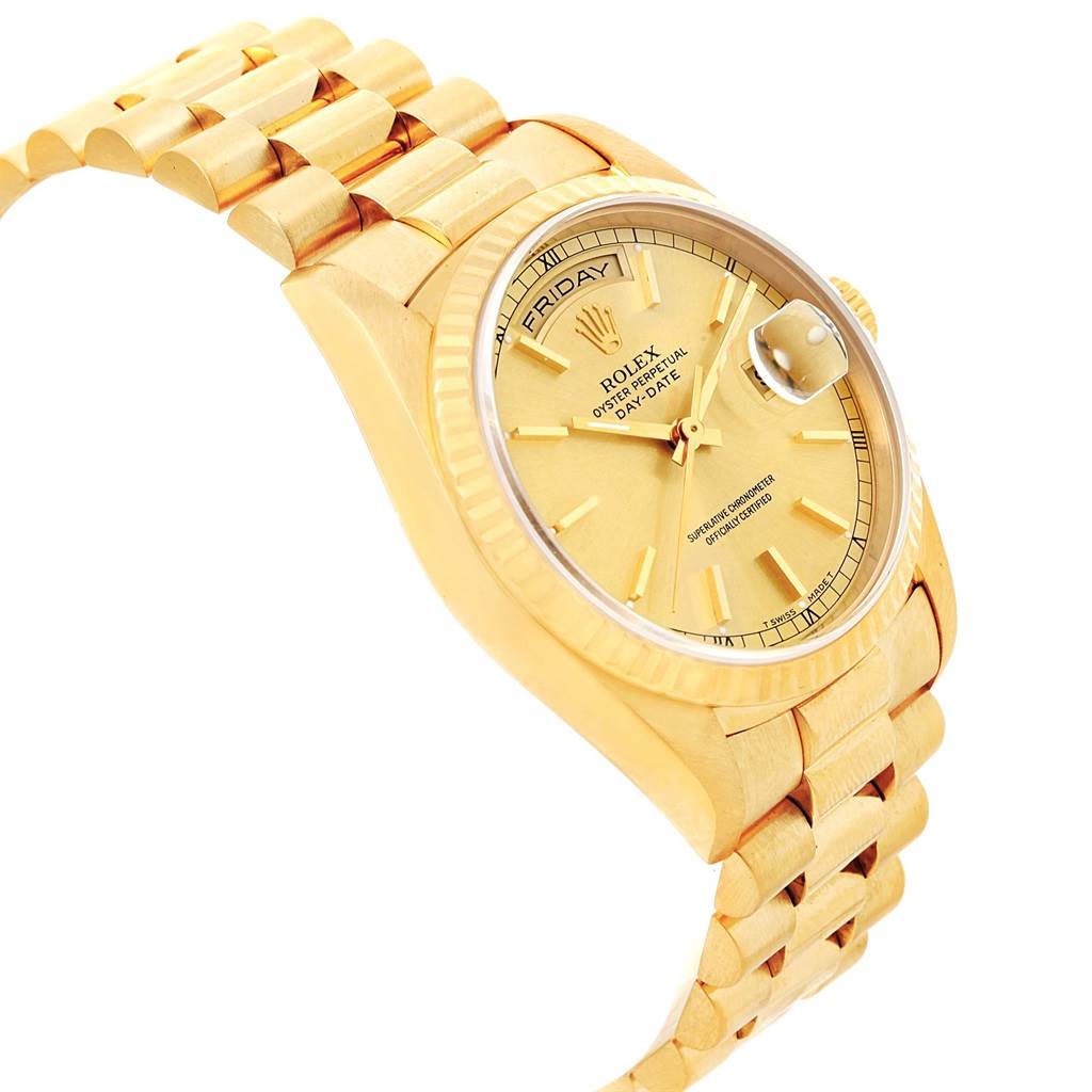 The image shows a side view of a Rolex President 18238 Men
s Yellow Gold Champagne Dial 18238 Men
s Yellow Gold Champagne Dial model watch, highlighting its gold bracelet, bezel, and face displaying day and date.