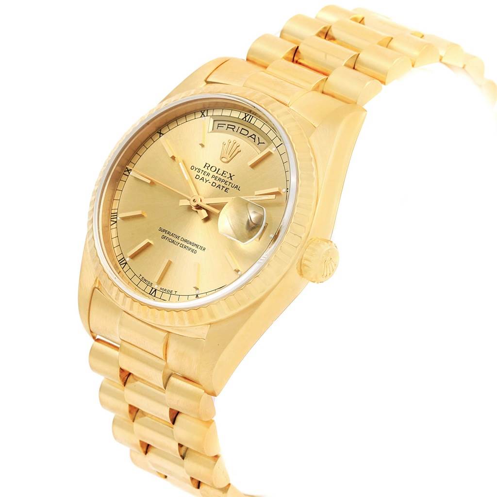 The image shows an angled view of the Rolex President 18238 Men
s Yellow Gold Champagne Dial 18238 Men
s Yellow Gold Champagne Dial Day-Date watch, highlighting the face, bezel, crown, and bracelet.