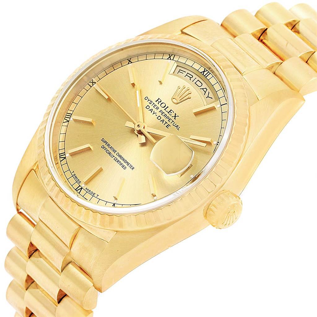 This image shows the Rolex President 18238 Men
s Yellow Gold Champagne Dial 18238 Men
s Yellow Gold Champagne Dial model watch from a slight angle, highlighting the gold bracelet, dial, and day-date feature.