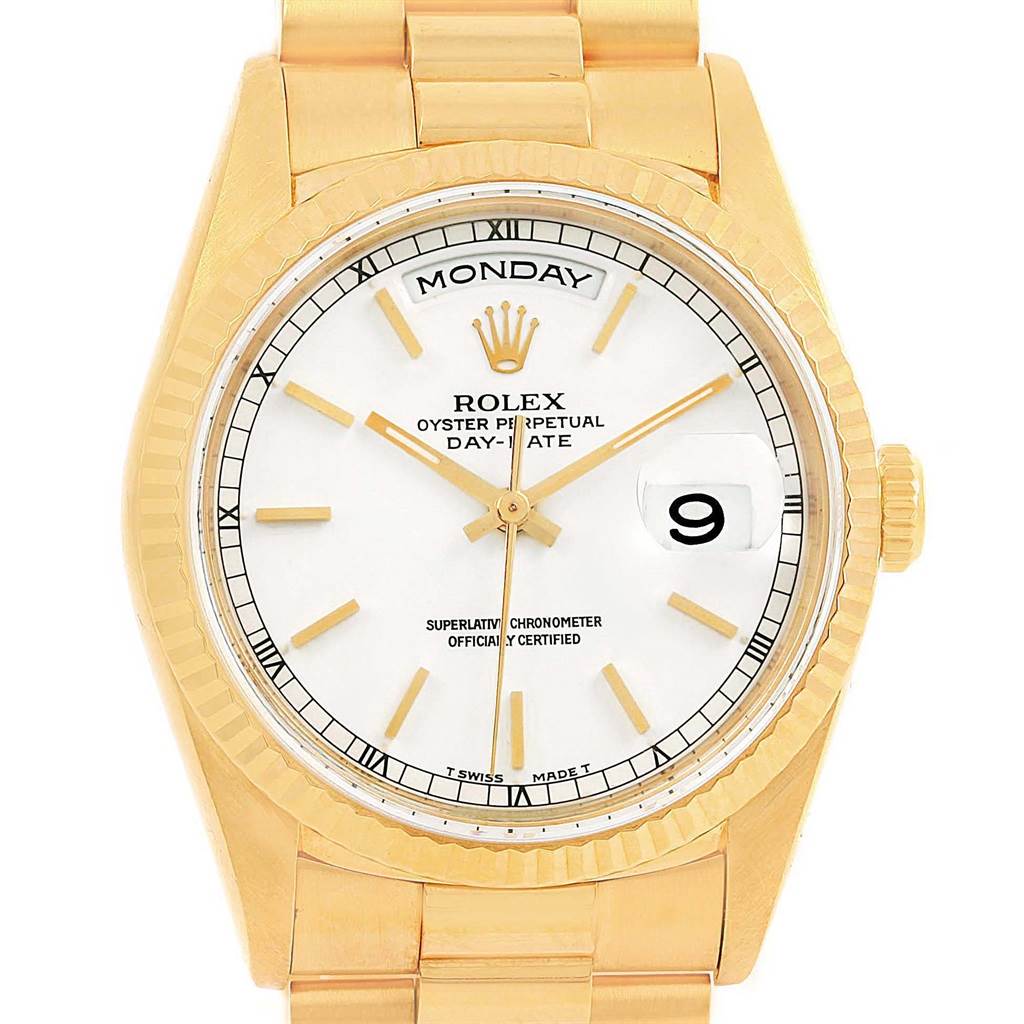 This is a front view of a Rolex President 18238 Men
s Yellow Gold White Dial 18238 Men
s Yellow Gold White Dial model watch, showing the face, bezel, and part of the bracelet.