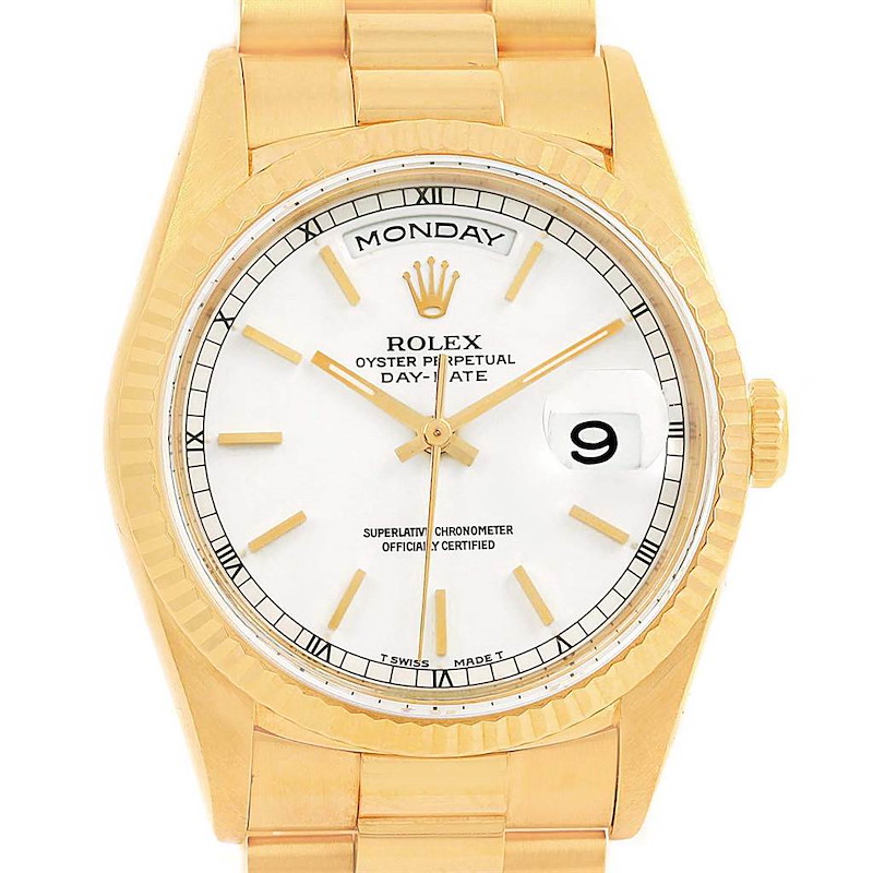 Rolex President Day-Date 36 Yellow Gold White Dial Watch 18238 Box Papers SwissWatchExpo