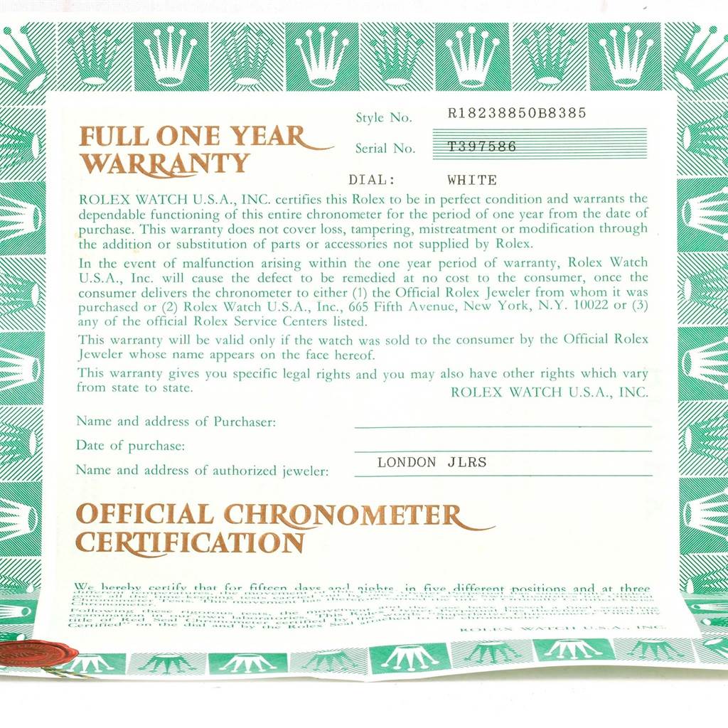 This is a warranty certificate and official chronometer certification for the Rolex President 18238 Men
s Yellow Gold White Dial 18238 Men
s Yellow Gold White Dial model watch.