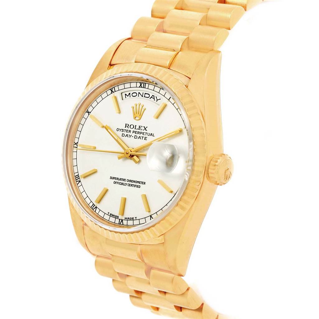 The Rolex President 18238 Men
s Yellow Gold White Dial 18238 Men
s Yellow Gold White Dial model is shown at a slight side angle, displaying the face, band, and crown.
