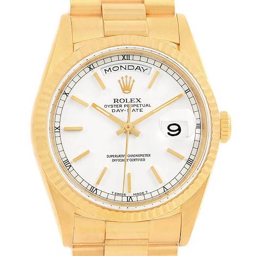 Photo of Rolex President Day-Date 36 Yellow Gold White Dial Watch 18238 Box Papers