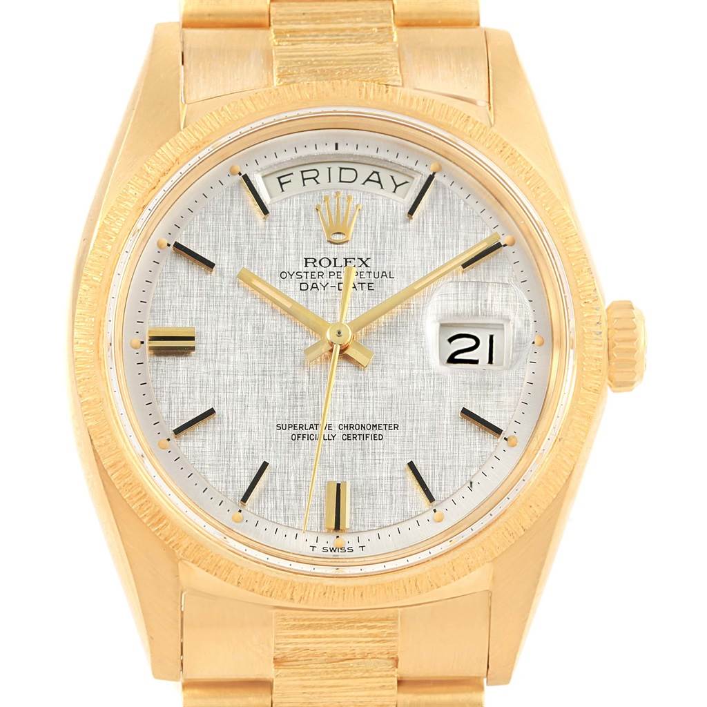 The image shows a front view of a Rolex President 1807 Men's Yellow Gold Silver Dial 1807 Men's Yellow Gold Silver Dial model watch, highlighting the dial, date, and day display.