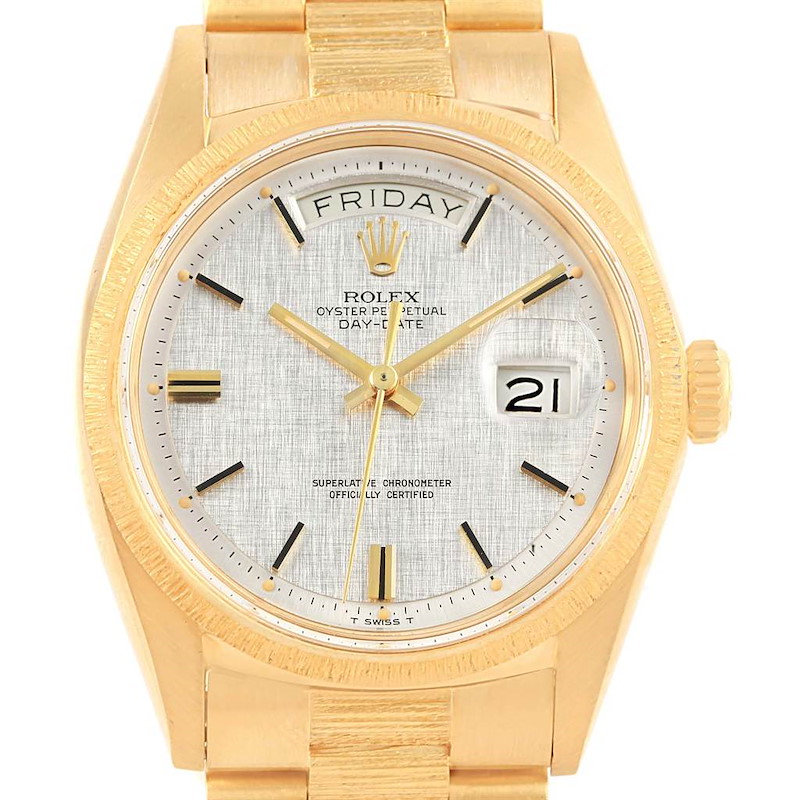 Rolex President Day-Date Yellow Gold Silver Linen Dial Mens Watch 1807 SwissWatchExpo