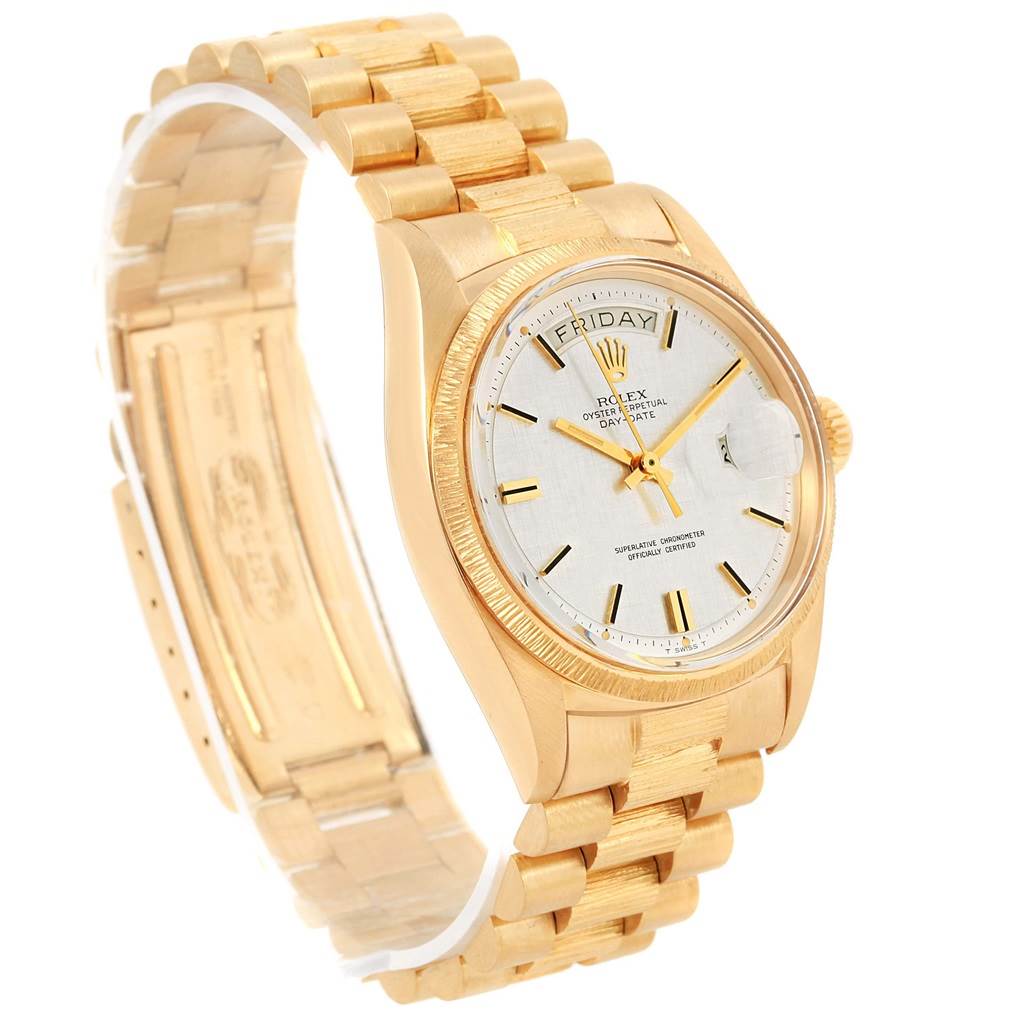 The Rolex President 1807 Men's Yellow Gold Silver Dial 1807 Men's Yellow Gold Silver Dial model is shown at a slight angle, highlighting its gold case, bracelet, and dial with day and date features.