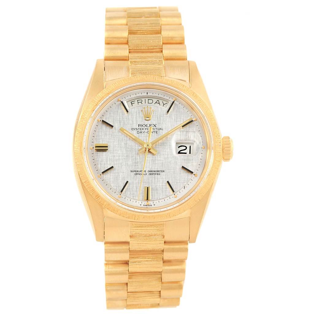 The image shows a full front view of a Rolex President 1807 Men's Yellow Gold Silver Dial 1807 Men's Yellow Gold Silver Dial model watch, highlighting the face, day/date windows, and bracelet.