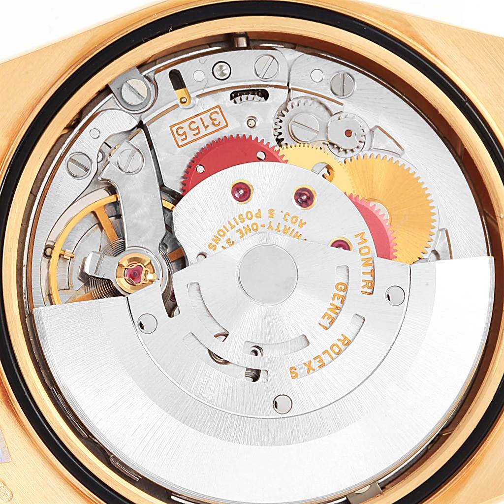 This image shows the movement mechanism of a Rolex President 18248 Men
s Yellow Gold White Dial 18248 Men
s Yellow Gold White Dial model watch from a back angle.