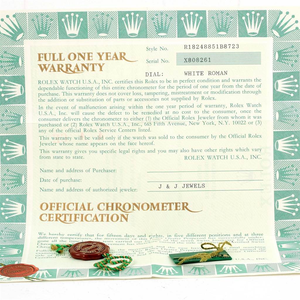 The image shows an official chronometer certification and warranty card for a Rolex President 18248 Men
s Yellow Gold White Dial 18248 Men
s Yellow Gold White Dial model watch, accompanied by tags and seals.