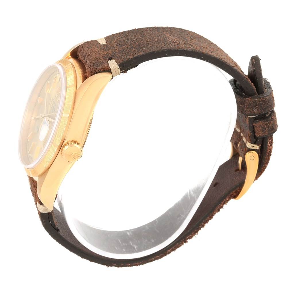 The image shows a side-view angle of the Rolex President 18248 Men's Yellow Gold Champagne Dial 18248 Men's Yellow Gold Champagne Dial model watch, highlighting the case, crown, dial, and leather strap.