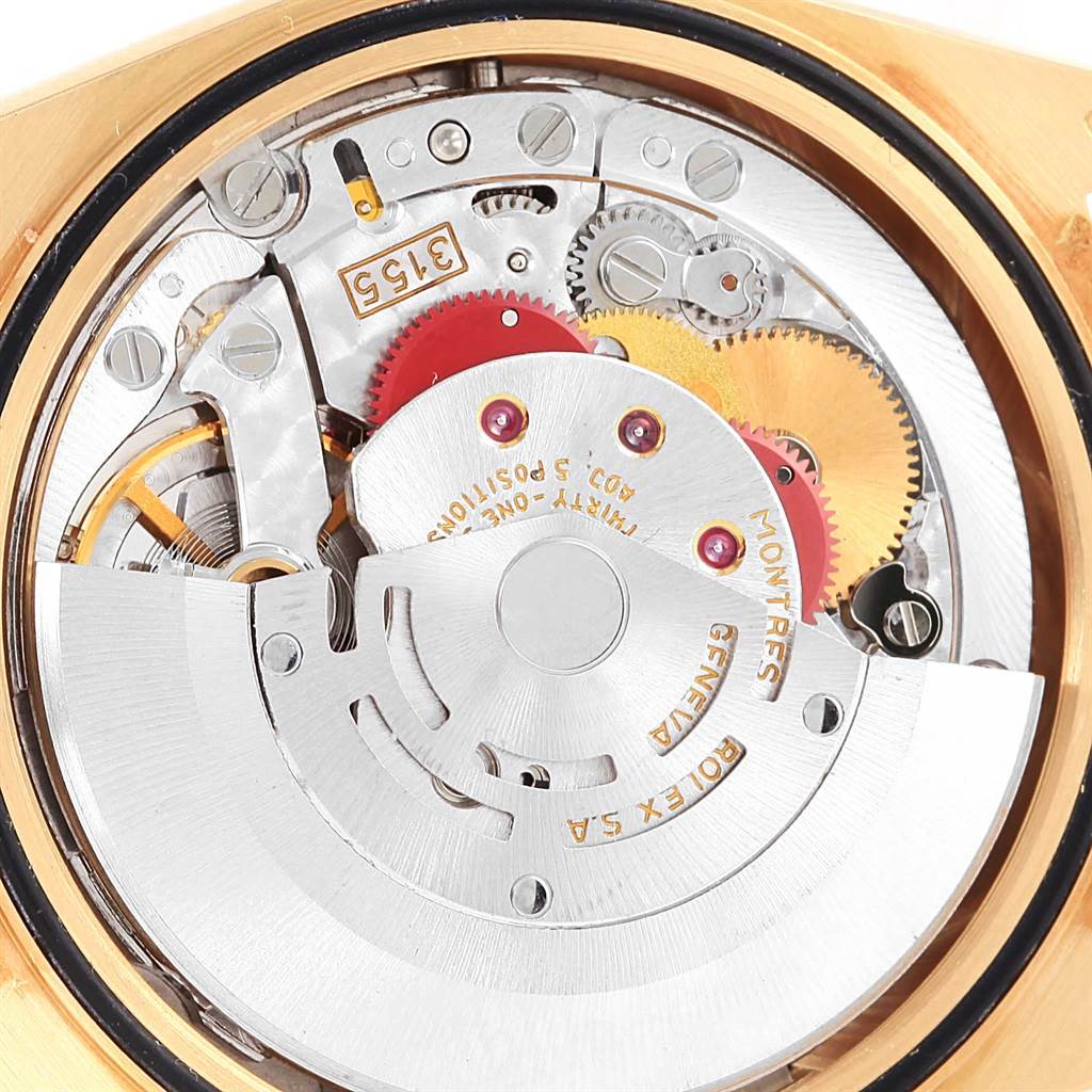 This image shows the interior mechanical movement components of a Rolex President 18248 Men's Yellow Gold Champagne Dial 18248 Men's Yellow Gold Champagne Dial model watch from a top-down view.