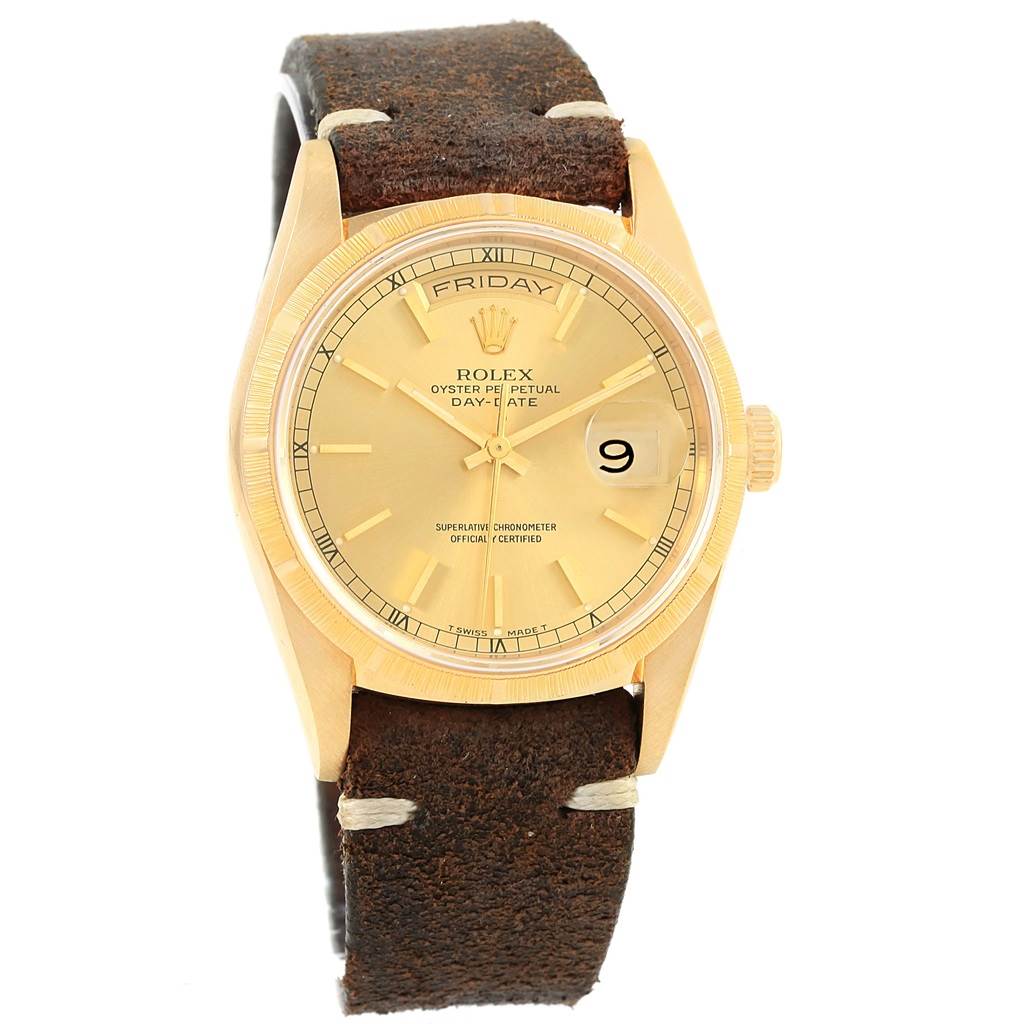 The image shows a front view of a Rolex President 18248 Men's Yellow Gold Champagne Dial 18248 Men's Yellow Gold Champagne Dial model watch featuring its dial, bezel, and leather strap.