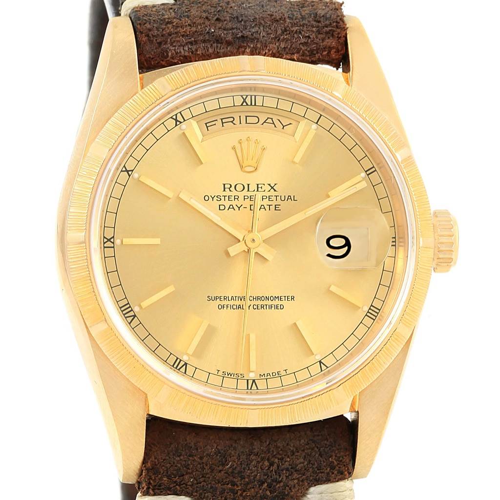 The image shows a front view of the Rolex President 18248 Men's Yellow Gold Champagne Dial 18248 Men's Yellow Gold Champagne Dial model watch, highlighting the dial, day, date windows, and bezel.
