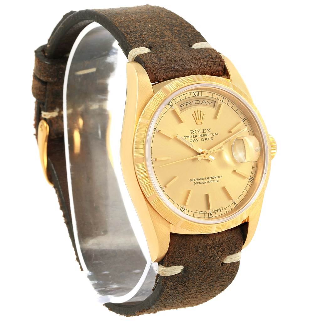 The image shows a Rolex President 18248 Men's Yellow Gold Champagne Dial 18248 Men's Yellow Gold Champagne Dial model watch at a slight angle, clearly displaying the dial, bezel, and part of the strap.