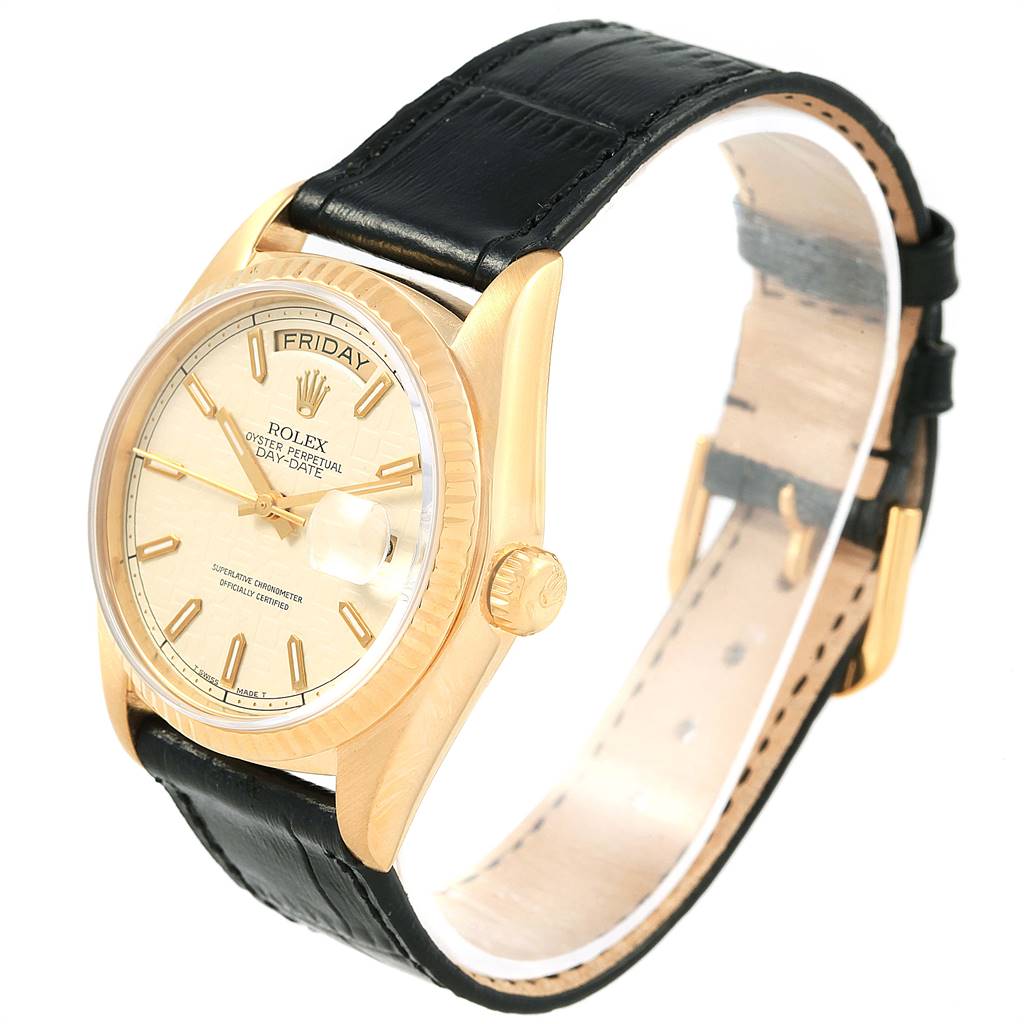 The image shows a Rolex President 18038 Men
s Yellow Gold Beige Dial 18038 Men
s Yellow Gold Beige Dial model watch at an angled view highlighting its dial, bezel, crown, and black leather strap.