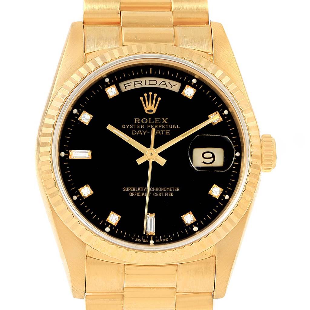The Rolex President 18238 Men's Yellow Gold Black Dial 18238 Men's Yellow Gold Black Dial model is shown from the front, displaying the black dial, day and date windows, and gold bracelet.