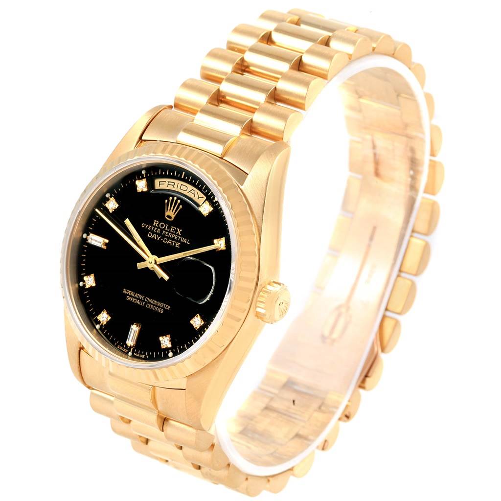 The Rolex President 18238 Men's Yellow Gold Black Dial 18238 Men's Yellow Gold Black Dial model watch is shown at a slight diagonal angle, displaying the face, bezel, crown, and part of the bracelet.