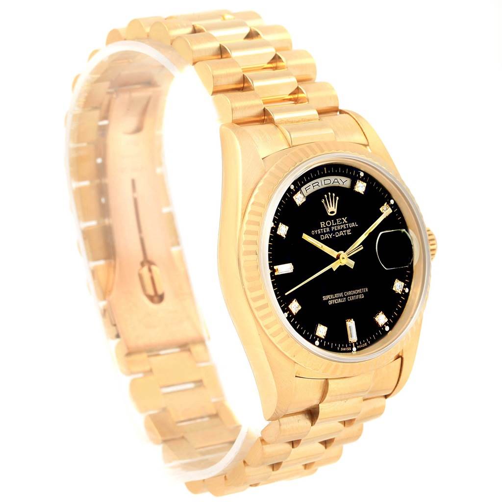 This image shows a Rolex President 18238 Men's Yellow Gold Black Dial 18238 Men's Yellow Gold Black Dial model watch in a three-quarter angle, highlighting its gold bracelet, black dial, and day-date display.