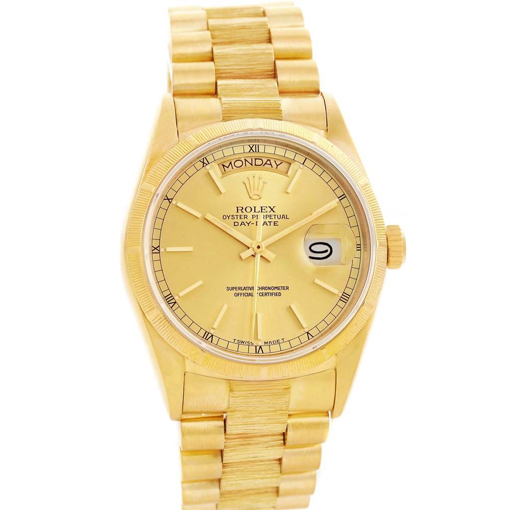 This is a front view of the Rolex President 18078 Men's Yellow Gold Champagne Dial 18078 Men's Yellow Gold Champagne Dial model watch, showing the face, dial, bezel, and bracelet.